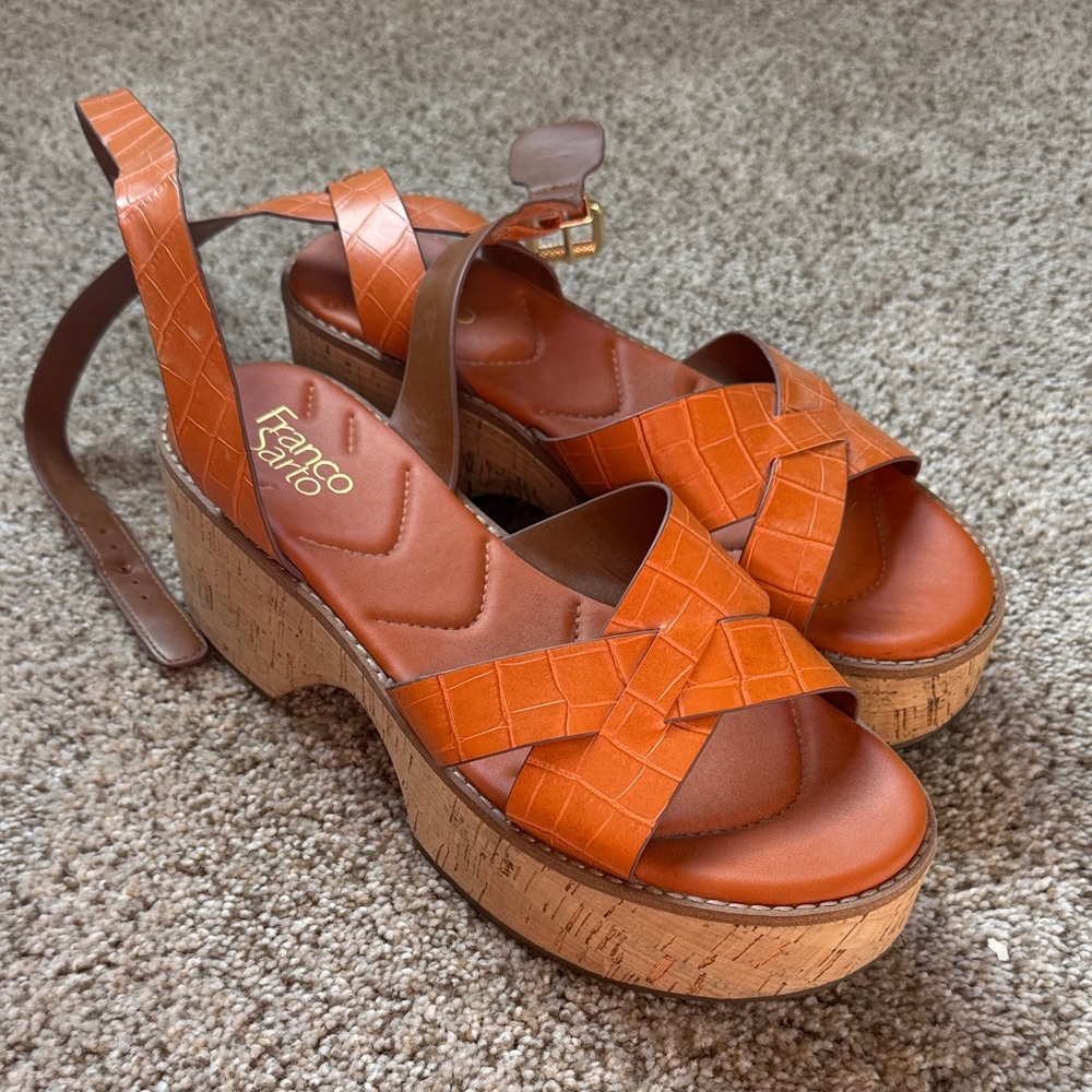 Franco Sarto Orange Croc-Embossed Cork Platform Sandals